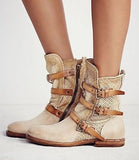 Round Toe, Breathable Mesh & Solid Color Retro Buckles and Zipper Closure PU Leather Boots 29