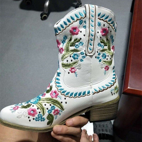 British Women Top Quality PU Leather, Embroidered Flower Pattern & Rivets Slip on Boots 48