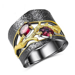 Gun Black Metal Lucky Tree With Red Cubic Zirconia Ring R10