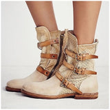 Round Toe, Breathable Mesh & Solid Color Retro Buckles and Zipper Closure PU Leather Boots 29