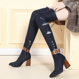 Slim Thigh High Denim Chunky High Heels with Belt Buckle Boots 69