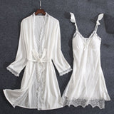 2 Pieces Women's Faux Silk Sleepwear Sets Embroidery Lace Bath Gown