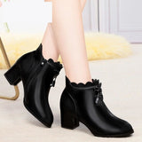 Ankle High Mid Heels, Scalloped Patchwork Black Boots with Zipper Closure 64