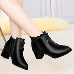 Ankle High Mid Heels, Scalloped Patchwork Black Boots with Zipper Closure 62