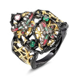 Black & Gold Color Metal With Enamel and multi-Colored Cubic Zirconia Ring R30