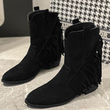 Fashion Fringed Ankle High Low-heeled Pointed Toe Cowboy Knight Flock/PU Leather Boots 85