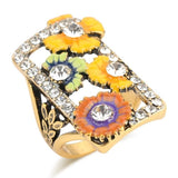 Antique Gold Color Hot Colorful Enamel Flower Ring Mosaic With White Crystal R27