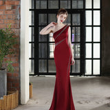 Elegant One Shoulder Soft Satin Evening , Women Faux Crystal Party Maxi Dress Long Dress 156