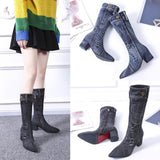 Thick Medium Heel, Pointed Toe, Zipper and Button Closure Plaid Cowboy Denim Boots 84