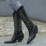 Pointed Toe, Thick Heel, High Tube, PU Leather Embroidered Boots 77