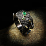 Exaggerated Geometric Black Ring with Green and Blue Cubic Zirconia R69